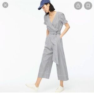 NWOT  J.Crew Ruffle Striped Poplin Jumpsuit  gray stripe. Size 8